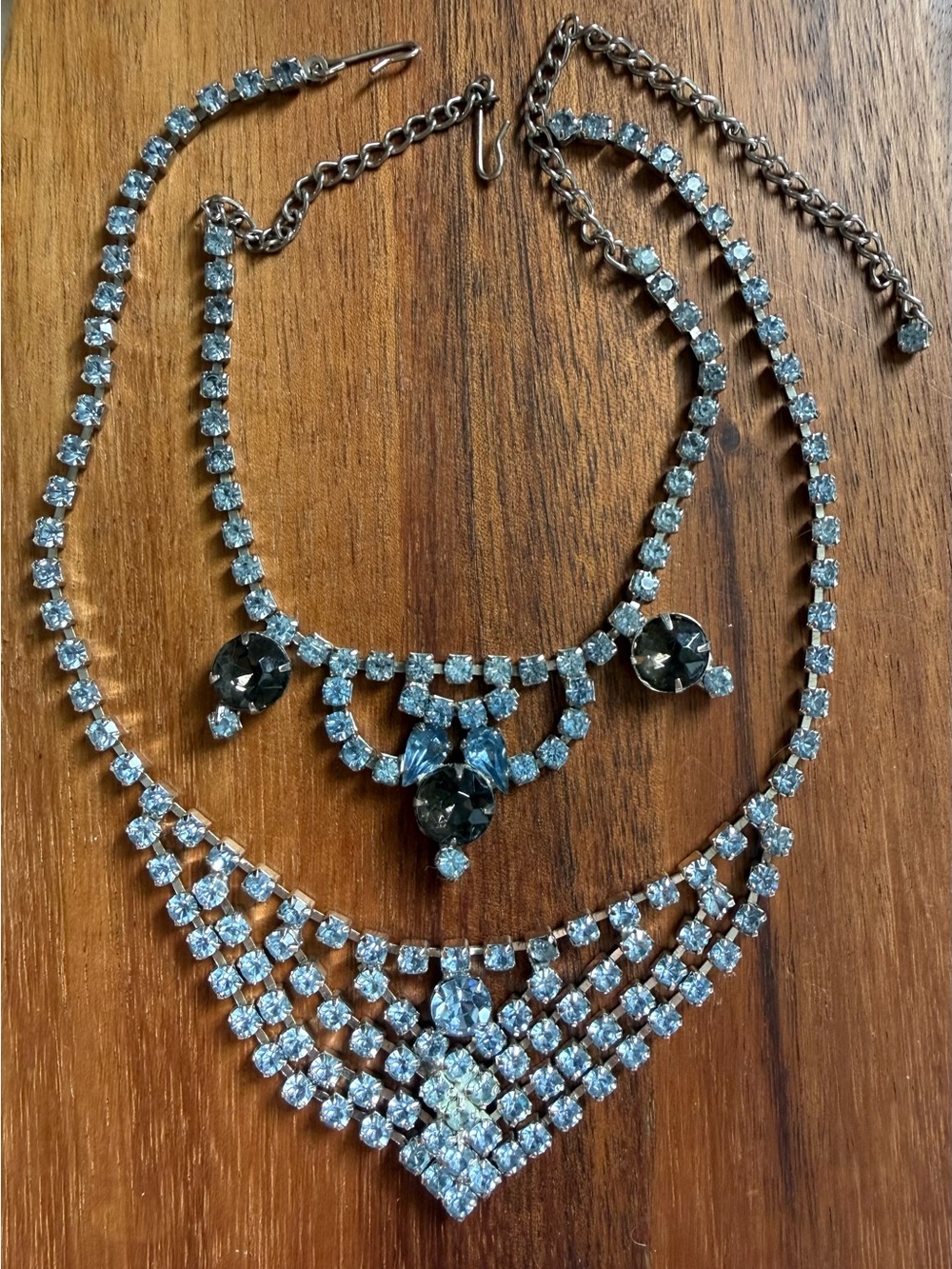 Vintage Lot of 2 Blue Rhinestone Necklace Set Silver Tone Prom
